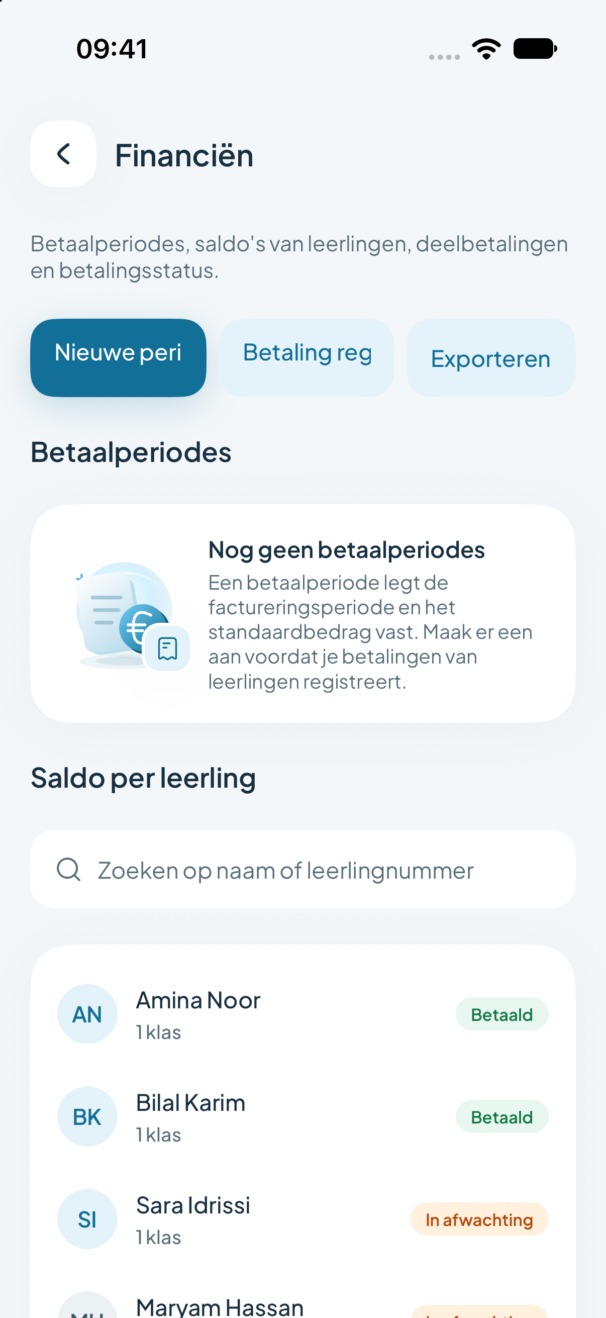 Financieel overzicht met saldo per leerling