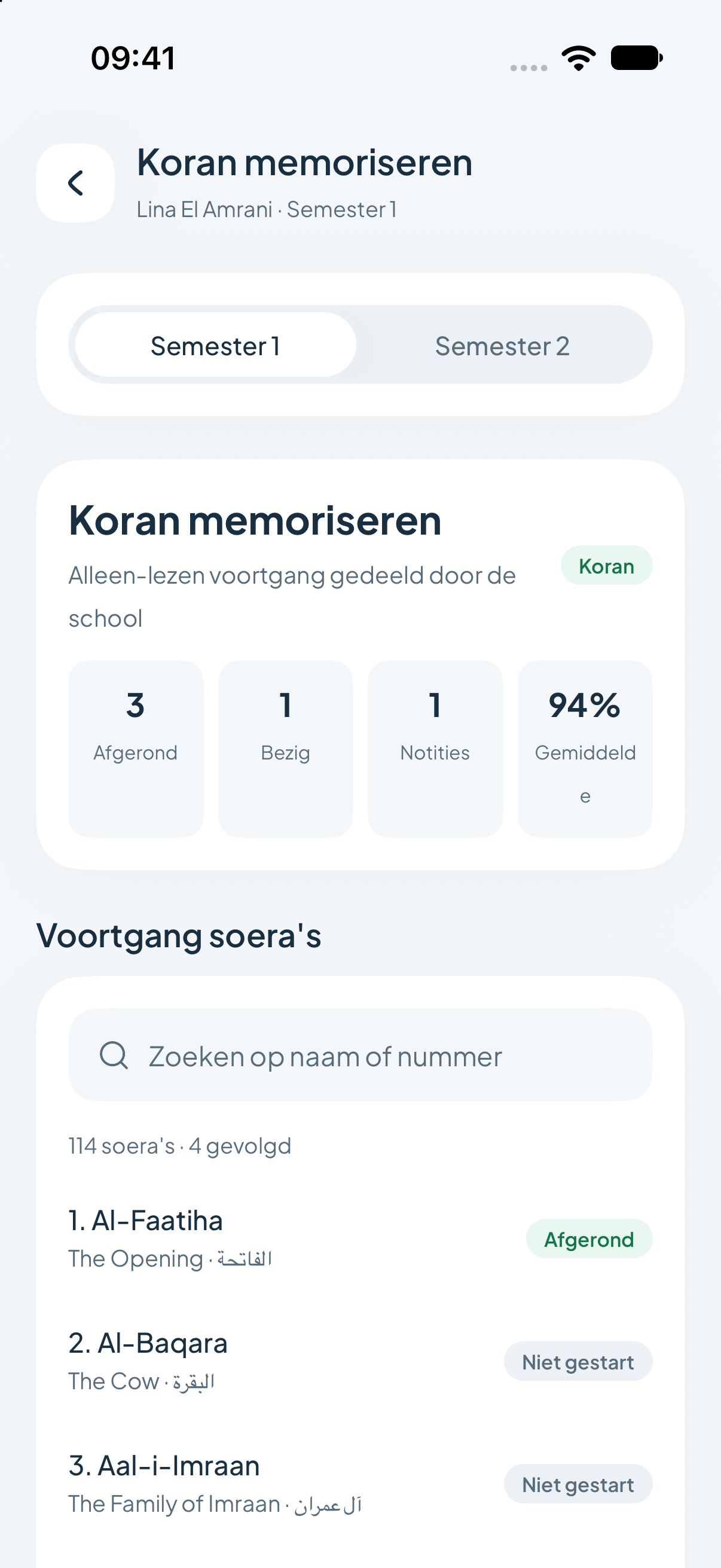 Koranvoortgang van een leerling, zoals ouders die zien